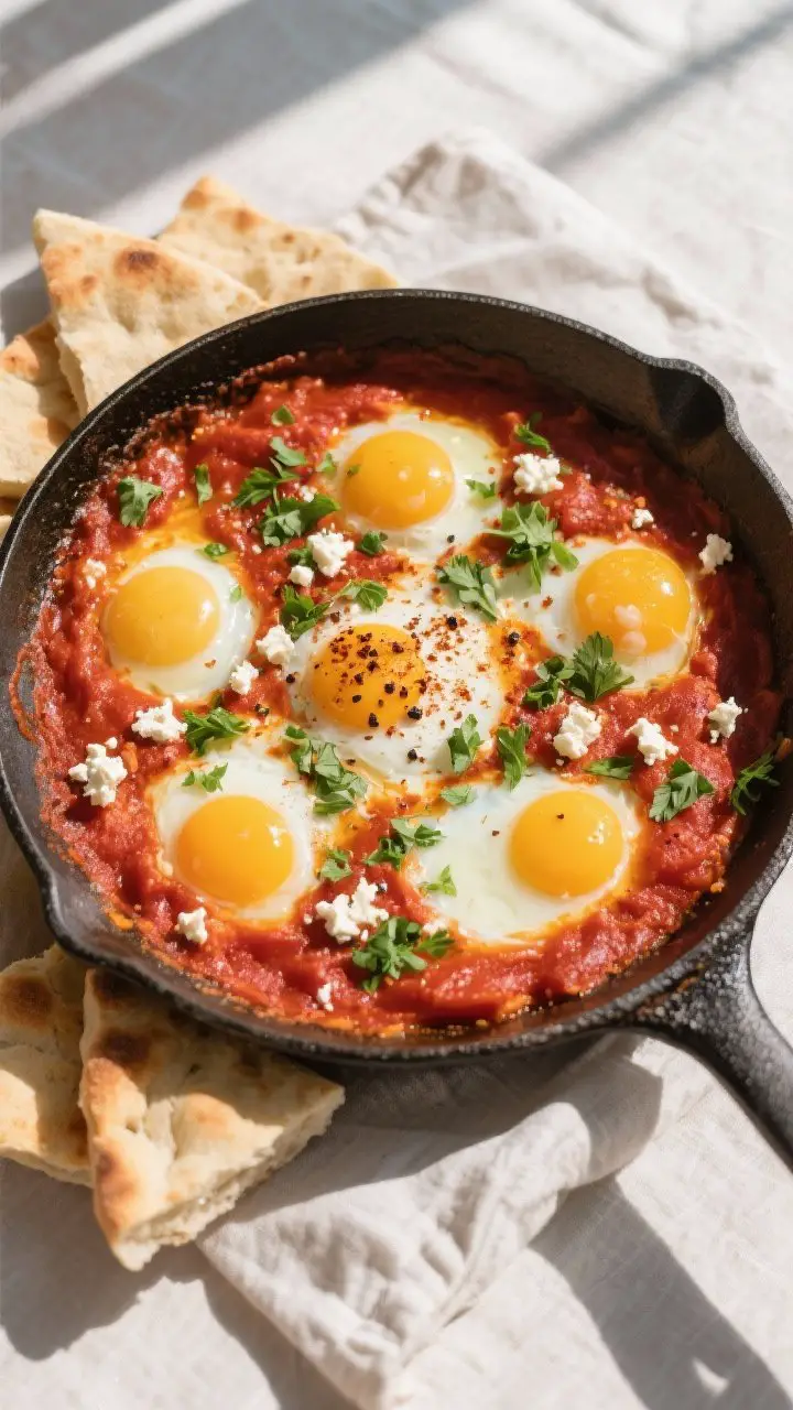 Tasty top view: Overhead shot of finished shakshuka with 5 softly poached eggs nestled in a rich cri