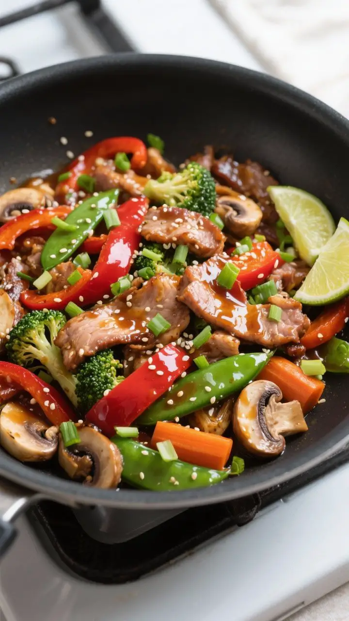 Tasty top view: Overhead shot of Healthy Pork Stir Fry with Veggies just after saucing—glossy soy-