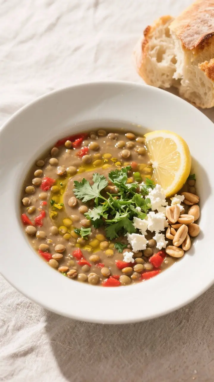 Tasty top view: Overhead shot of Mediterranean Lentil Soup in a wide, matte-white bowl with a creamy