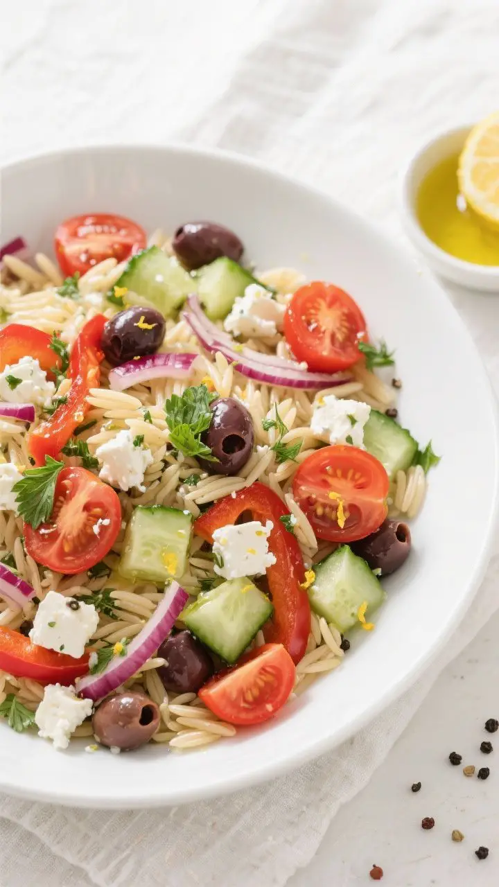 Tasty top view: Overhead shot of Mediterranean Orzo Salad fully assembled in a low, wide white servi