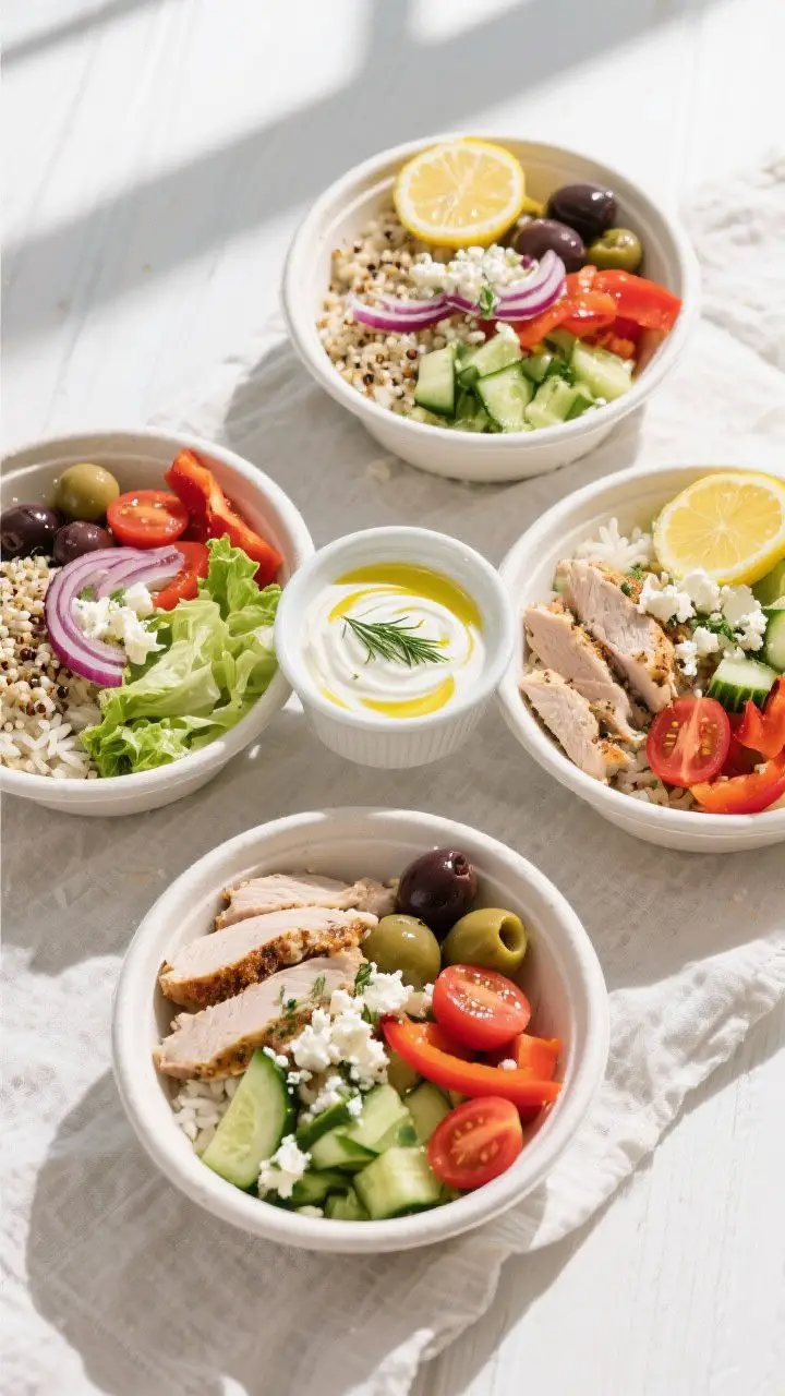 Tasty top view: Overhead shot of Mediterranean Turkey Bowls assembled for meal prep—neatly arrange