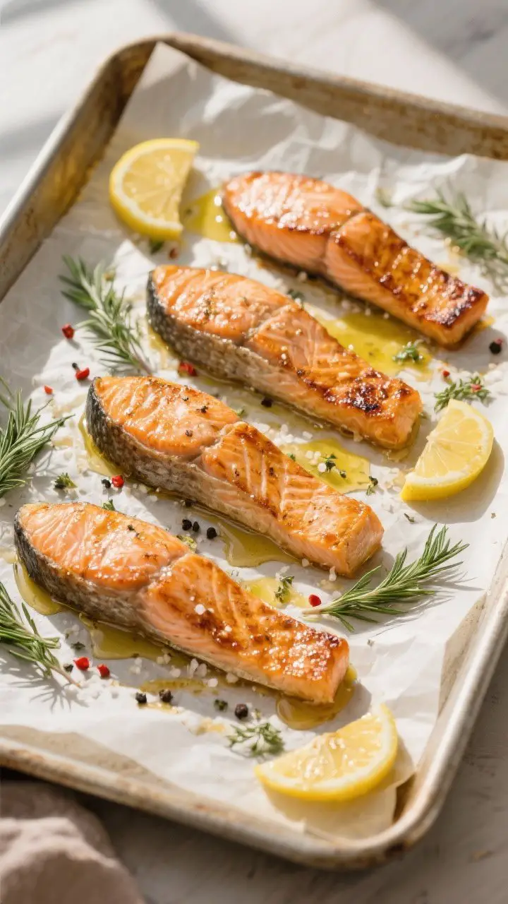Tasty top view: Overhead shot of roasted Greek salmon on a parchment-lined sheet pan, four fillets a