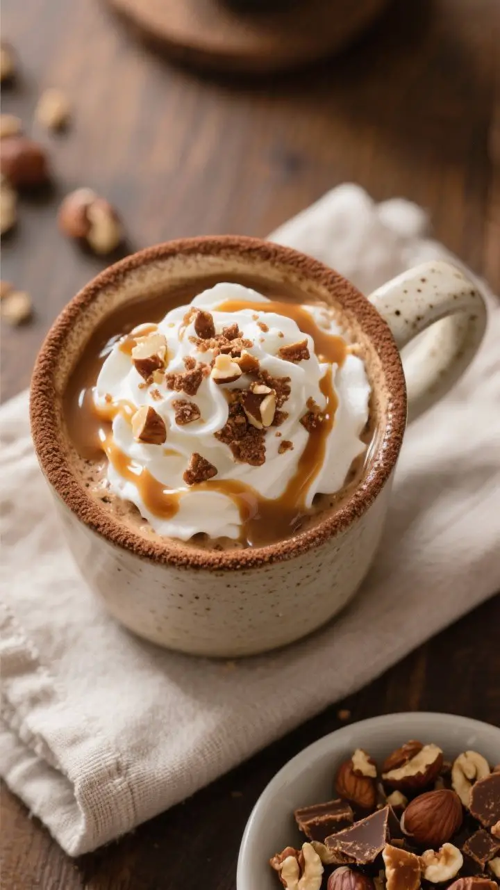 Tasty top view: Overhead shot of the final hot Toffee Nut Brew in a wide ceramic mug, topped with so