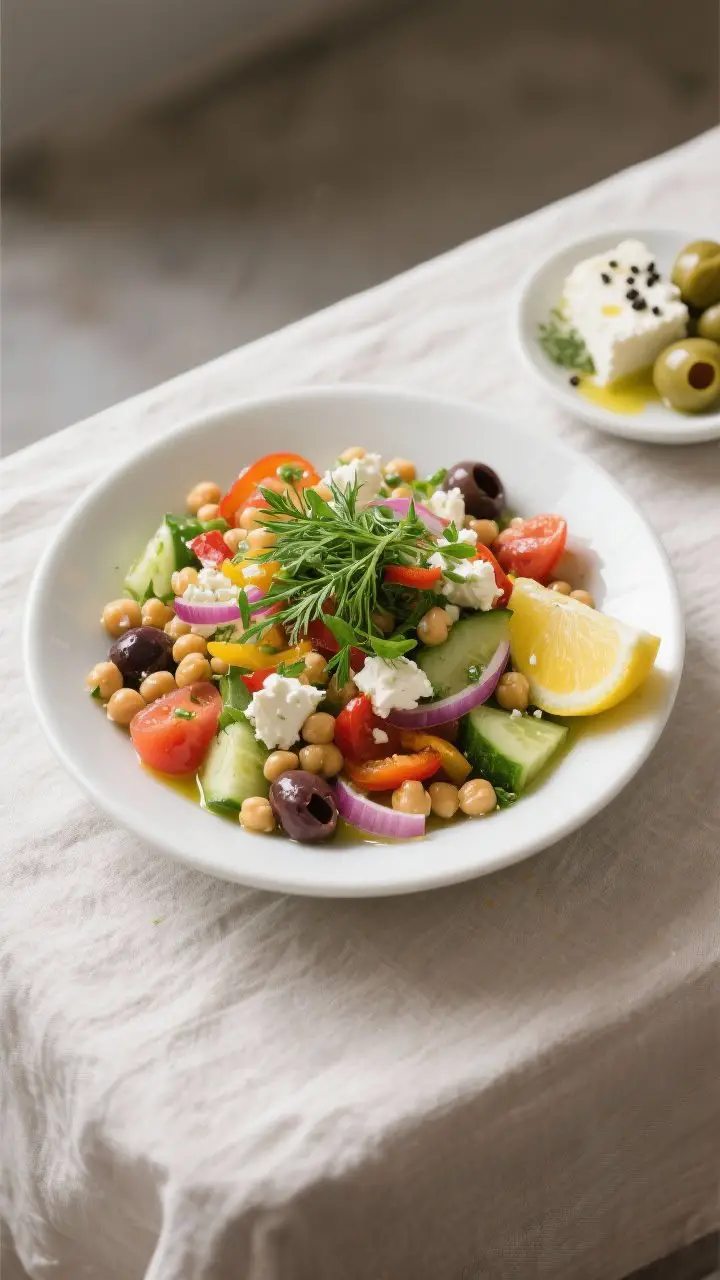 Tasty top view: Overhead shot of the final plated Mediterranean chickpea salad in a wide, low white 