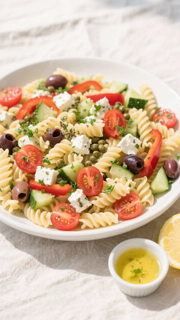 Tasty top view: Overhead shot of the finished Mediterranean pasta salad in a wide, white serving bow
