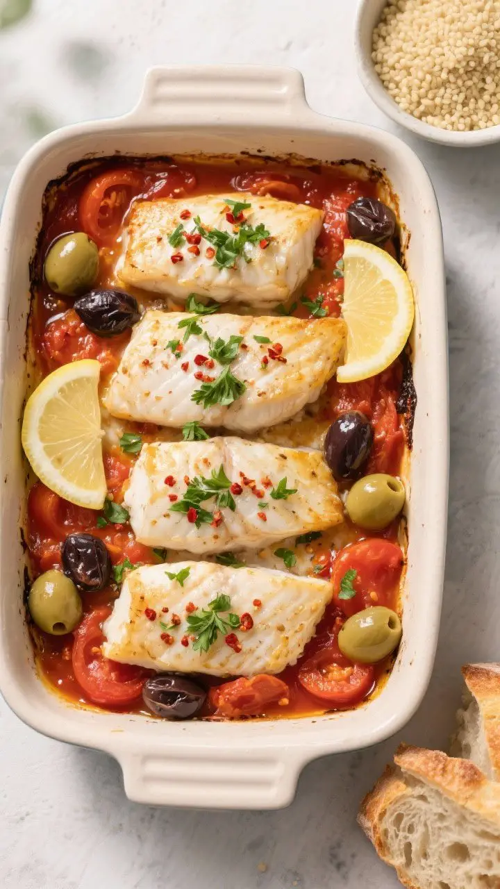 Tasty top view: Overhead shot of the finished Mediterranean Baked Cod in its one-pan baking dish. Fo