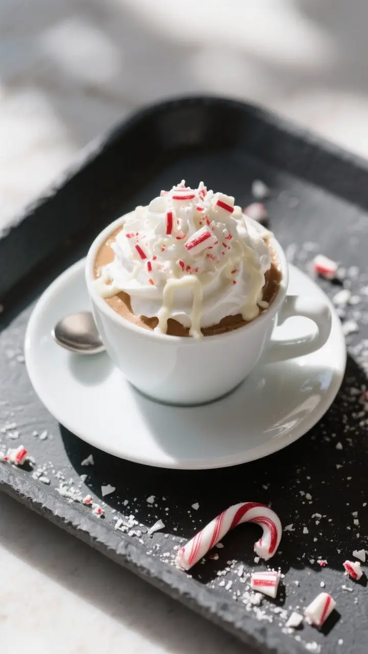 Tasty top view: Overhead shot of the finished Peppermint White Mocha topped with a soft crown of whi