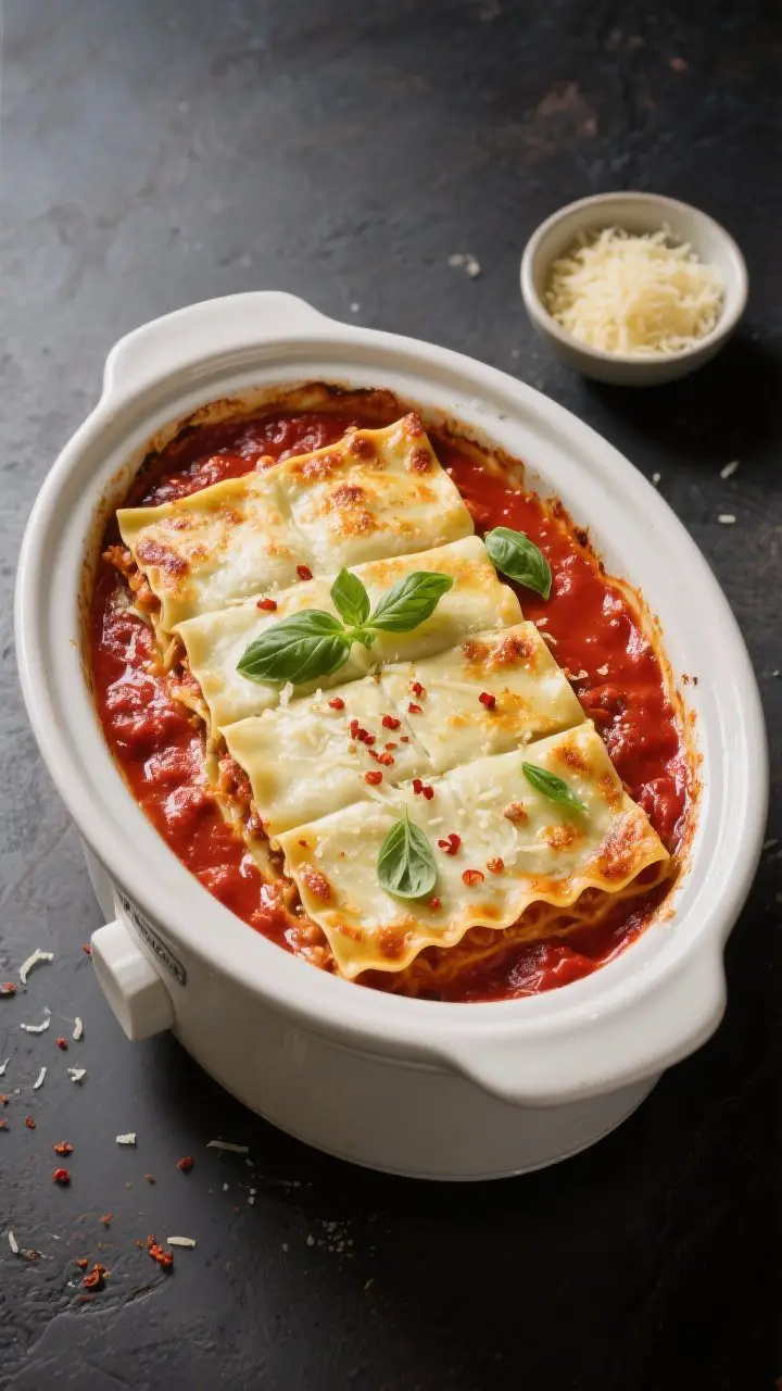 Tasty top view: Overhead shot of the finished slow cooker lasagna resting and set, sliced into neat 