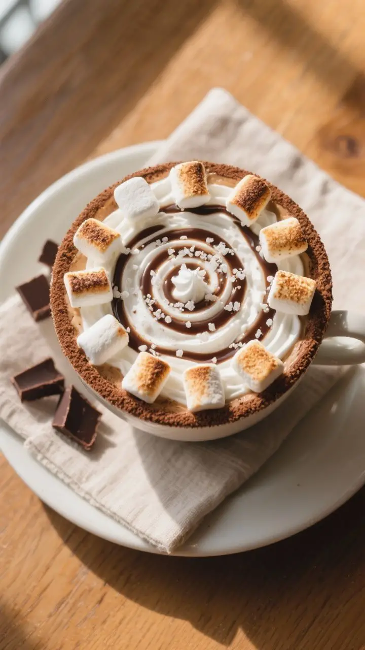 Tasty top view: Overhead shot of the finished Toasted Marshmallow Mocha, café-style presentation. S