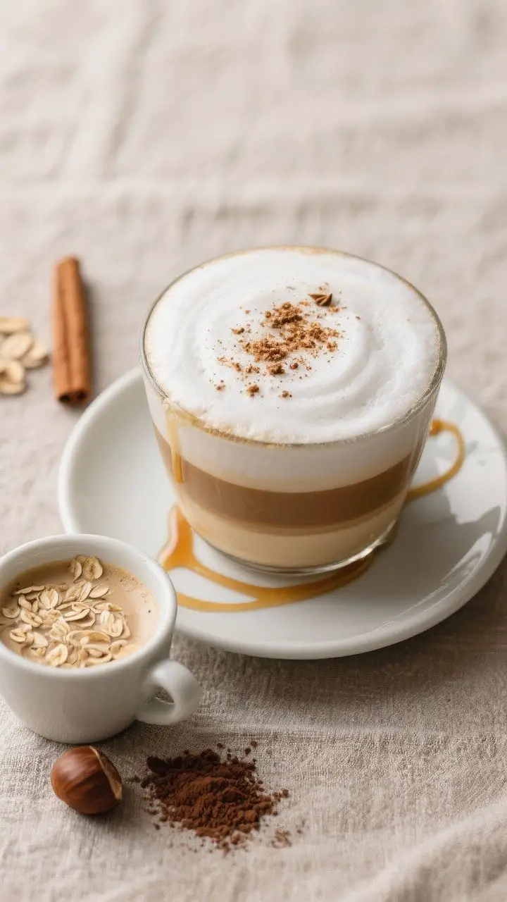 Tasty top view: Overhead shot of the finished Vanilla Chestnut Cappuccino with equal layers of espre