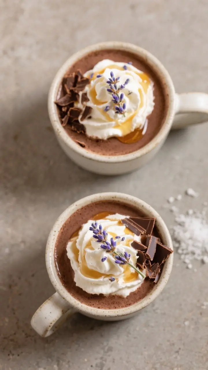 Tasty top view: Overhead shot of two mugs of Honey Lavender Hot Cocoa on a matte stone surface—ric