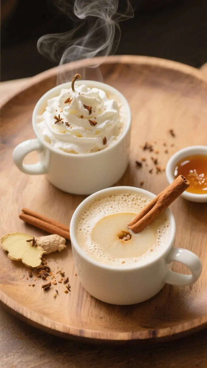 Tasty top view — Overhead shot of two mugs of Spiced Pear Steamer on a round wooden tray: creamy b
