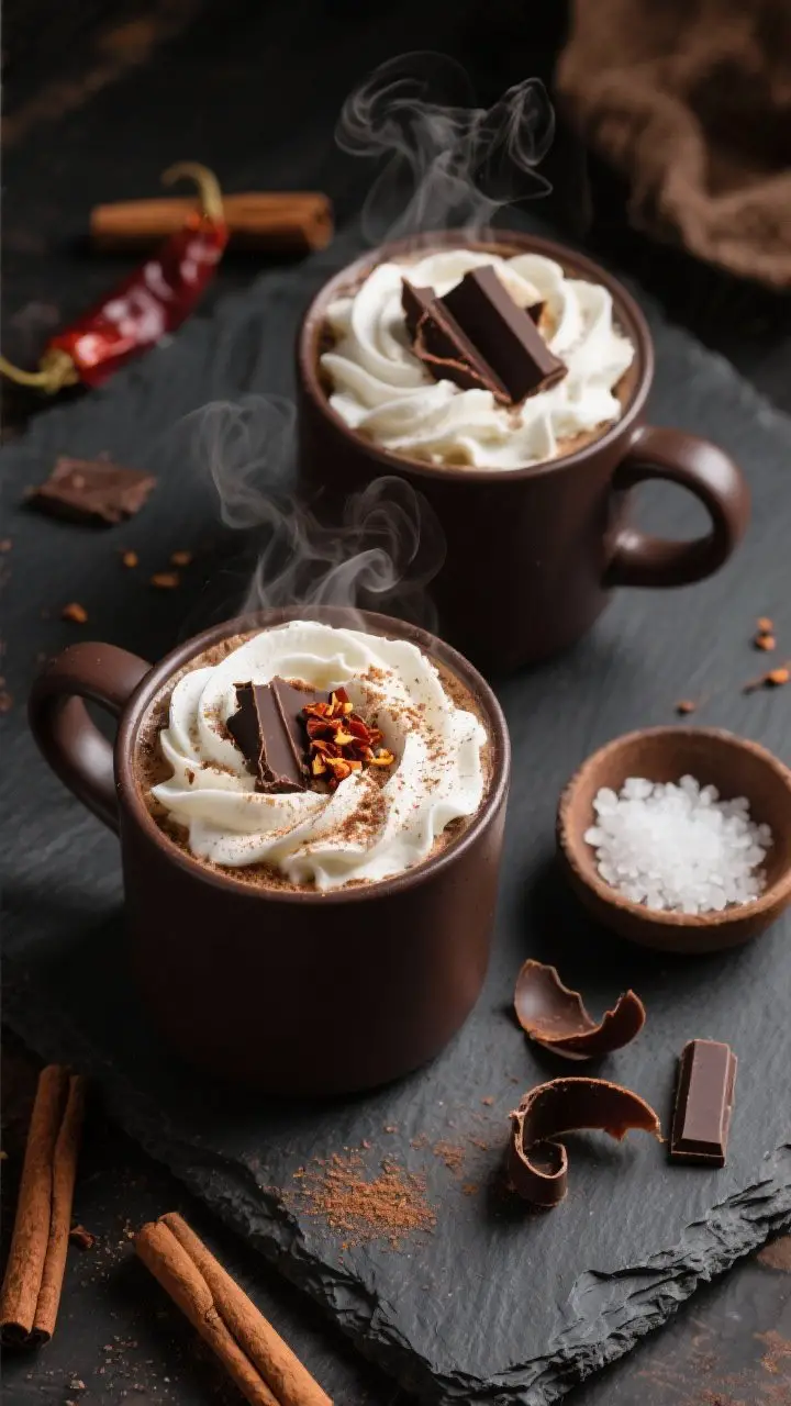 Tasty top view: Overhead shot of two steaming mugs of Dark Chocolate Chili Brew on a dark stone surf