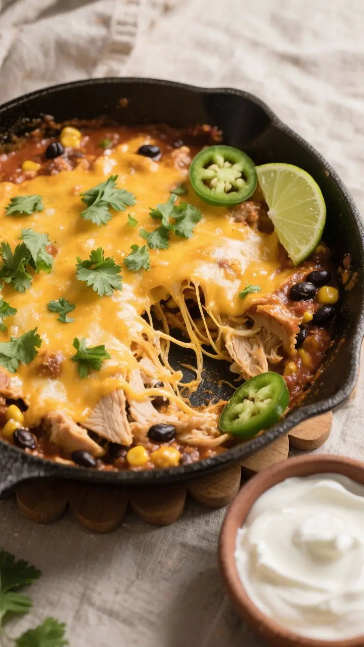 Tasty top view, overhead skillet shot: Overhead shot of the finished Turkey Enchilada Skillet with a