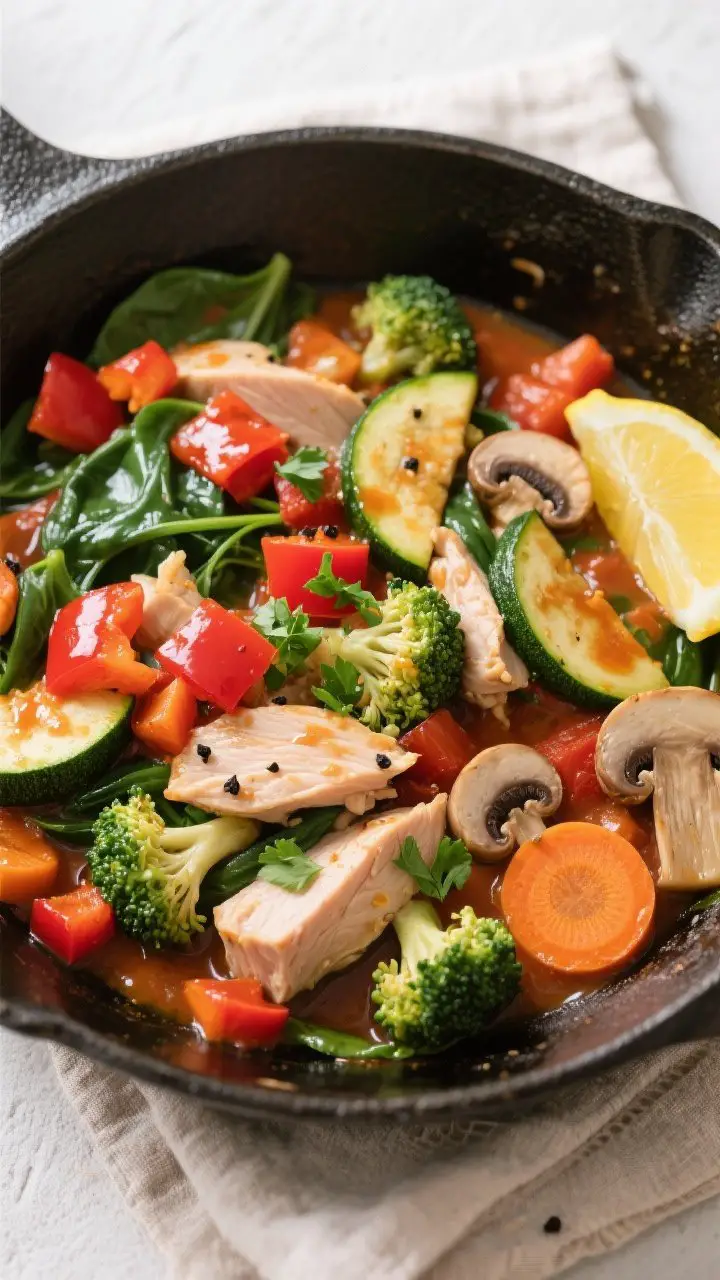Tasty top view, saucy skillet stage: Overhead shot of the finished turkey veggie skillet just after 