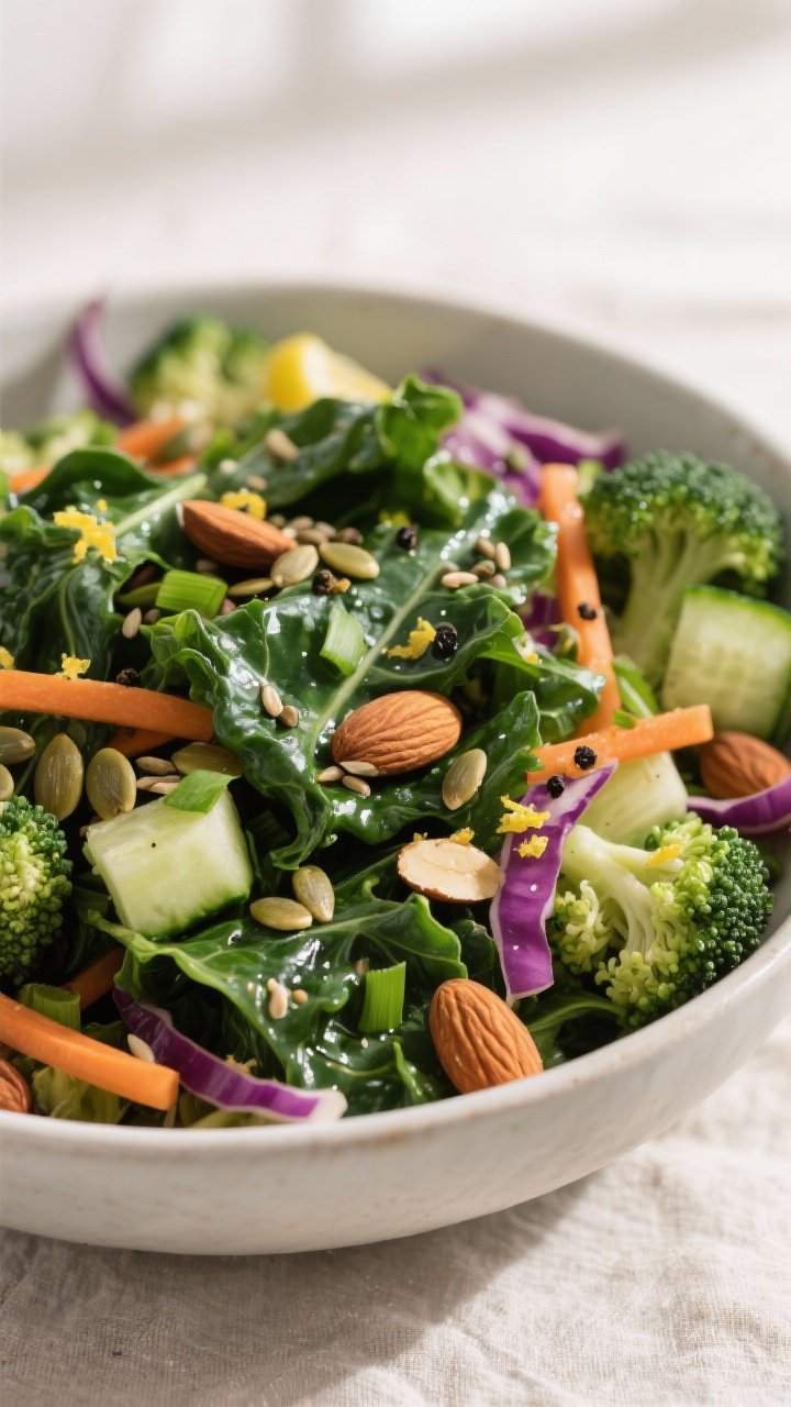 Close-up detail: A bowl of fully assembled Detox Kale + Broccoli Glow Salad after tossing, showing g