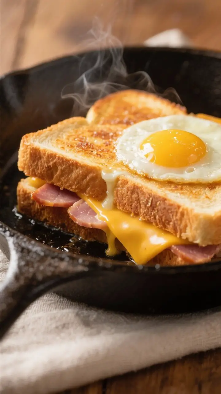 Close-up detail: A breakfast grilled cheese with egg and ham mid-sizzle in a cast-iron skillet, gold