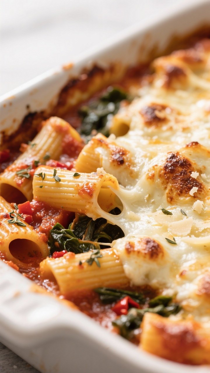 Close-up detail: A bubbling corner of Vegetarian Three-Cheese Baked Pasta just out of the oven, show