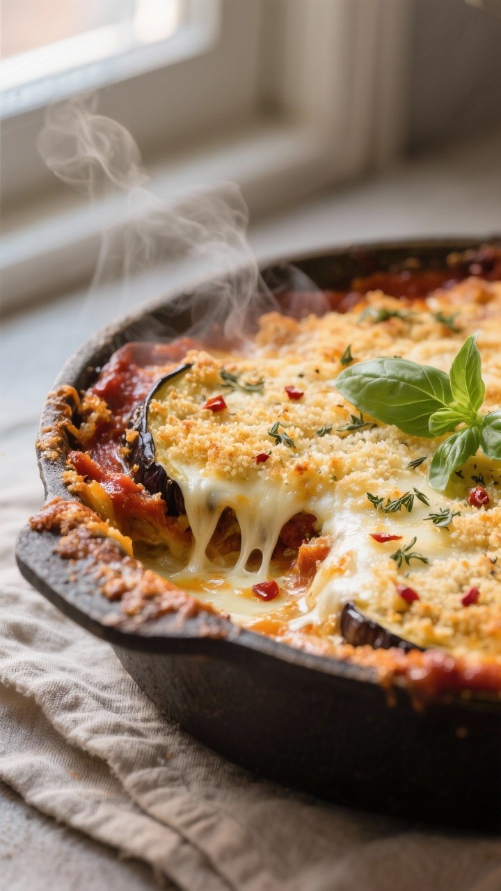 Close-up detail: A bubbling, just-baked Vegetarian Eggplant Parmesan Bake pulled from the oven, show