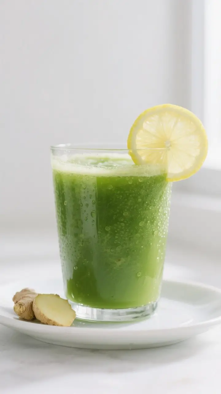 Close-up detail: A chilled glass of Spinach Apple Green Juice just after straining, liquid silky-smo