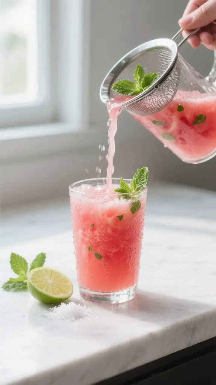 Close-up detail: A chilled glass of watermelon mint hydration juice being poured through a fine-mesh