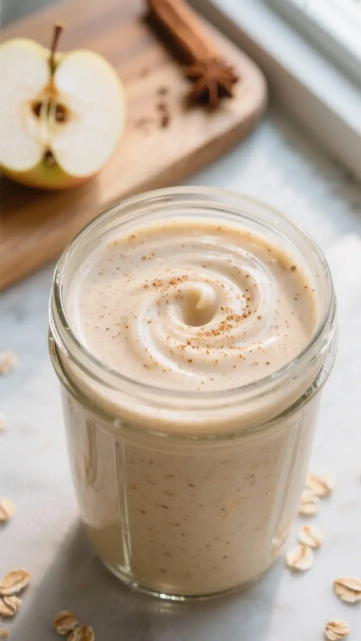 Close-up detail: A creamy Apple Cinnamon Yogurt Smoothie mid-blend in a glass blender jar, thick and