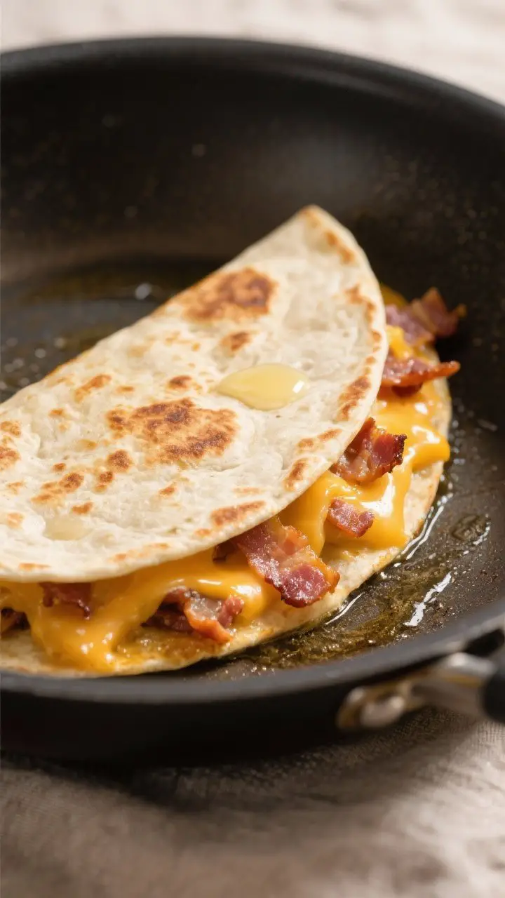 Close-up detail: A folded breakfast quesadilla sizzling in a nonstick skillet, tortilla surface gold