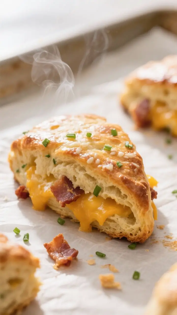Close-up detail: A freshly baked cheddar bacon breakfast scone just out of the oven, golden edges wi