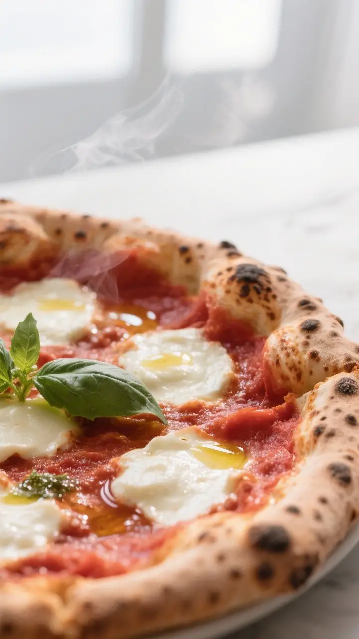 Close-up detail: A freshly baked Margherita Neapolitan pizza just out of the oven, showcasing leopar