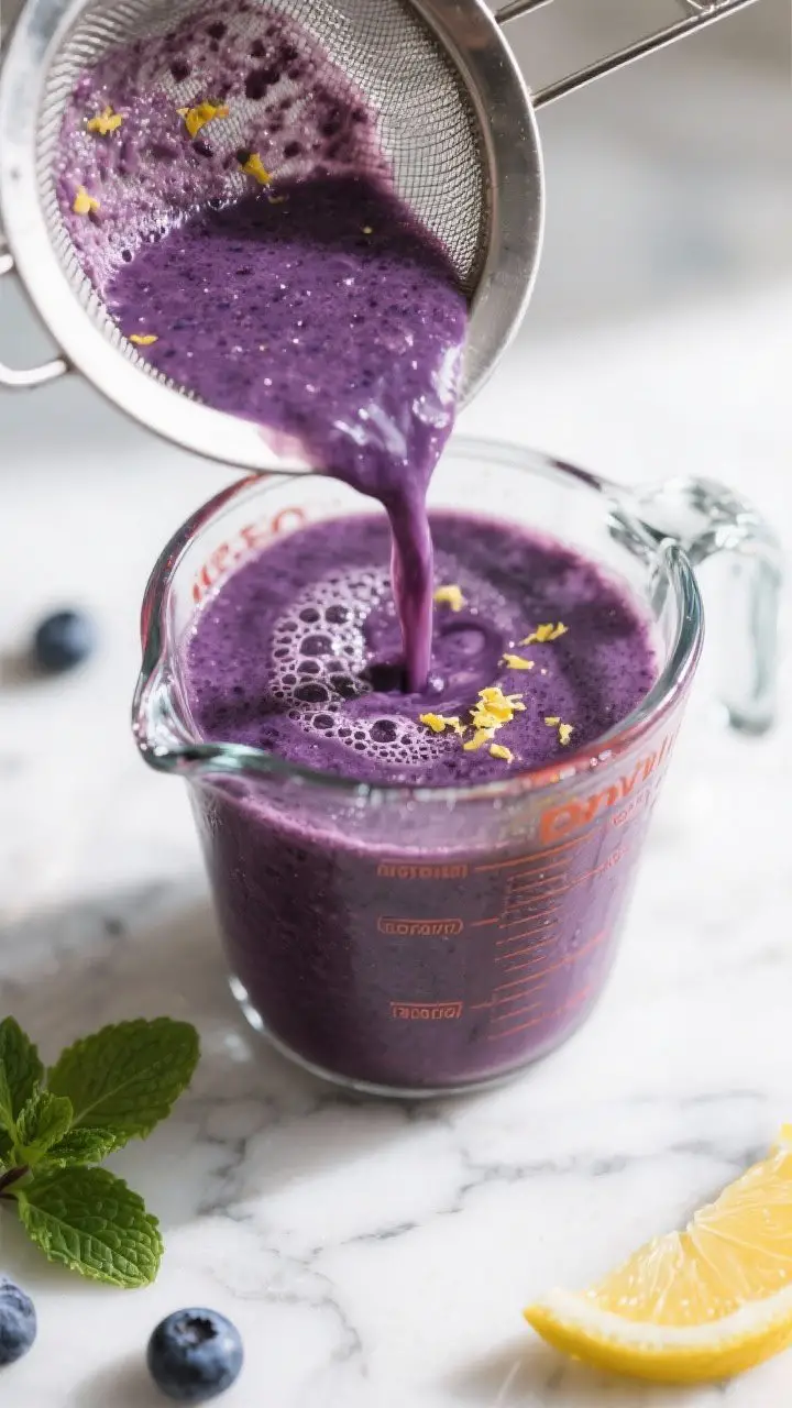 Close-up detail: A freshly blended Blueberry Antioxidant Juice being poured through a fine mesh stra