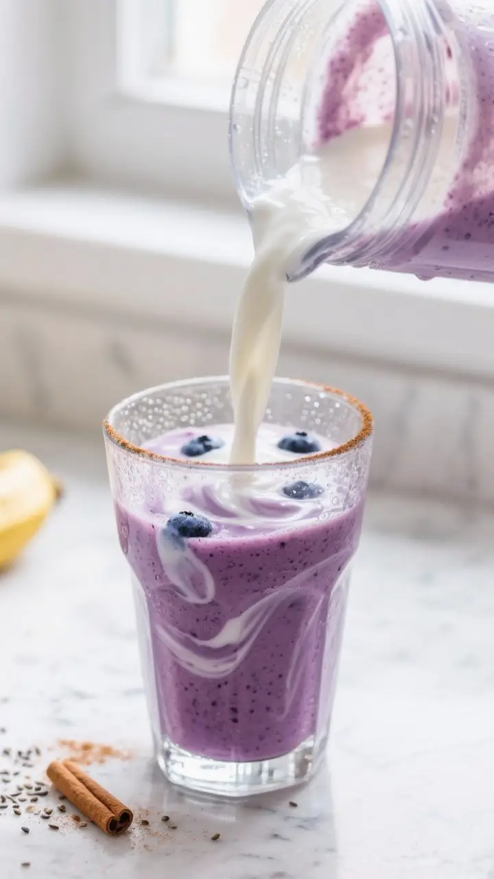 Close-up detail: A freshly blended blueberry banana yogurt smoothie being poured from a glass blende