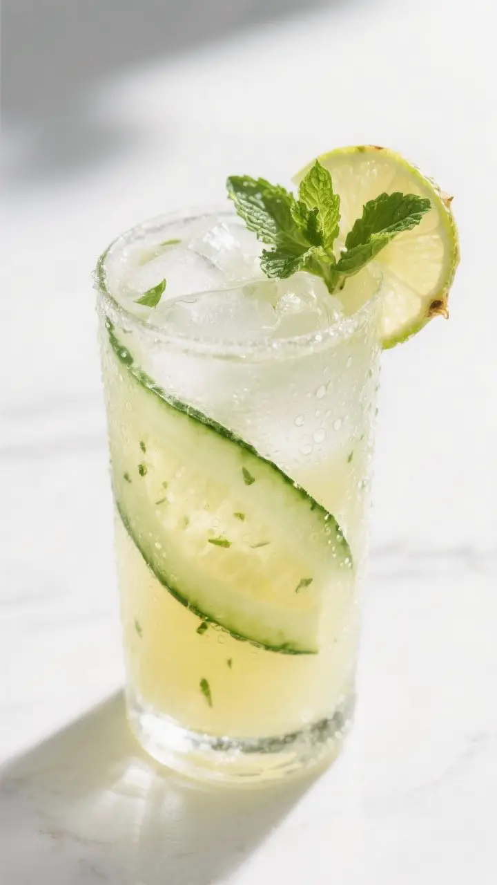 Close-up detail: A frosty highball glass of pineapple-cucumber detox juice poured over clinking ice,