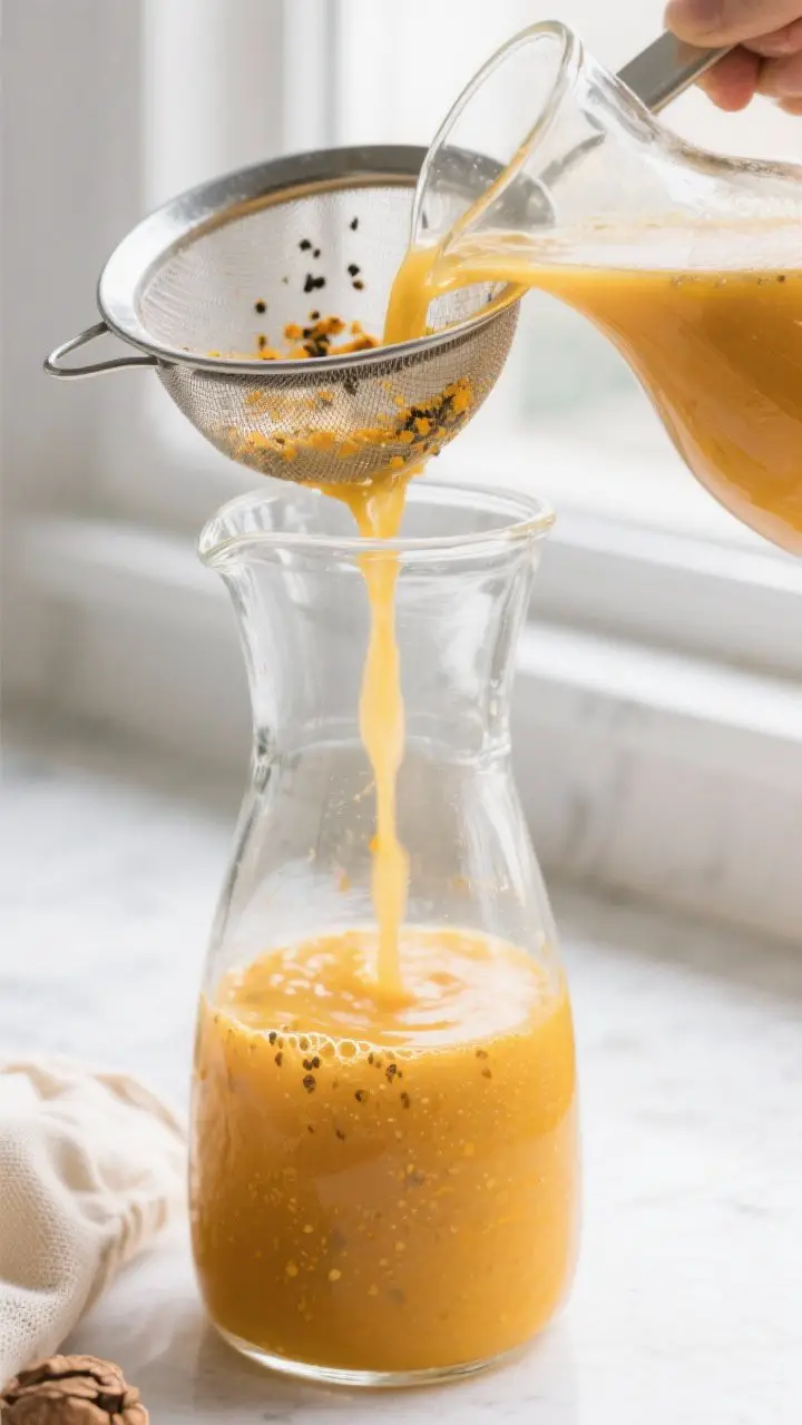 Close-up detail: A glass jug pouring the finished ginger immunity juice through a fine-mesh strainer