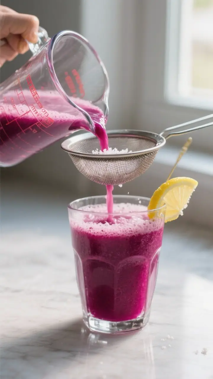 Close-up detail: A glass of vibrant beetroot energy juice being poured through a fine-mesh sieve int