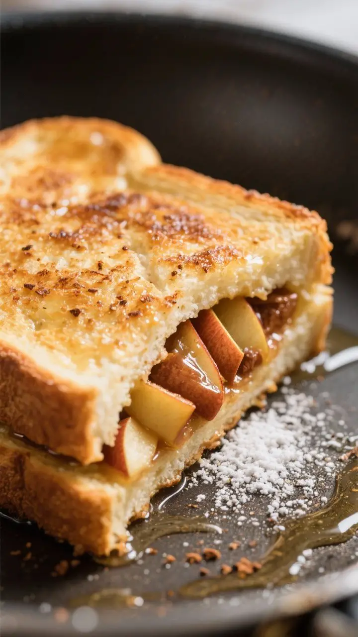 Close-up detail: A golden-brown slice of apple pie stuffed breakfast toast just off the skillet, sho
