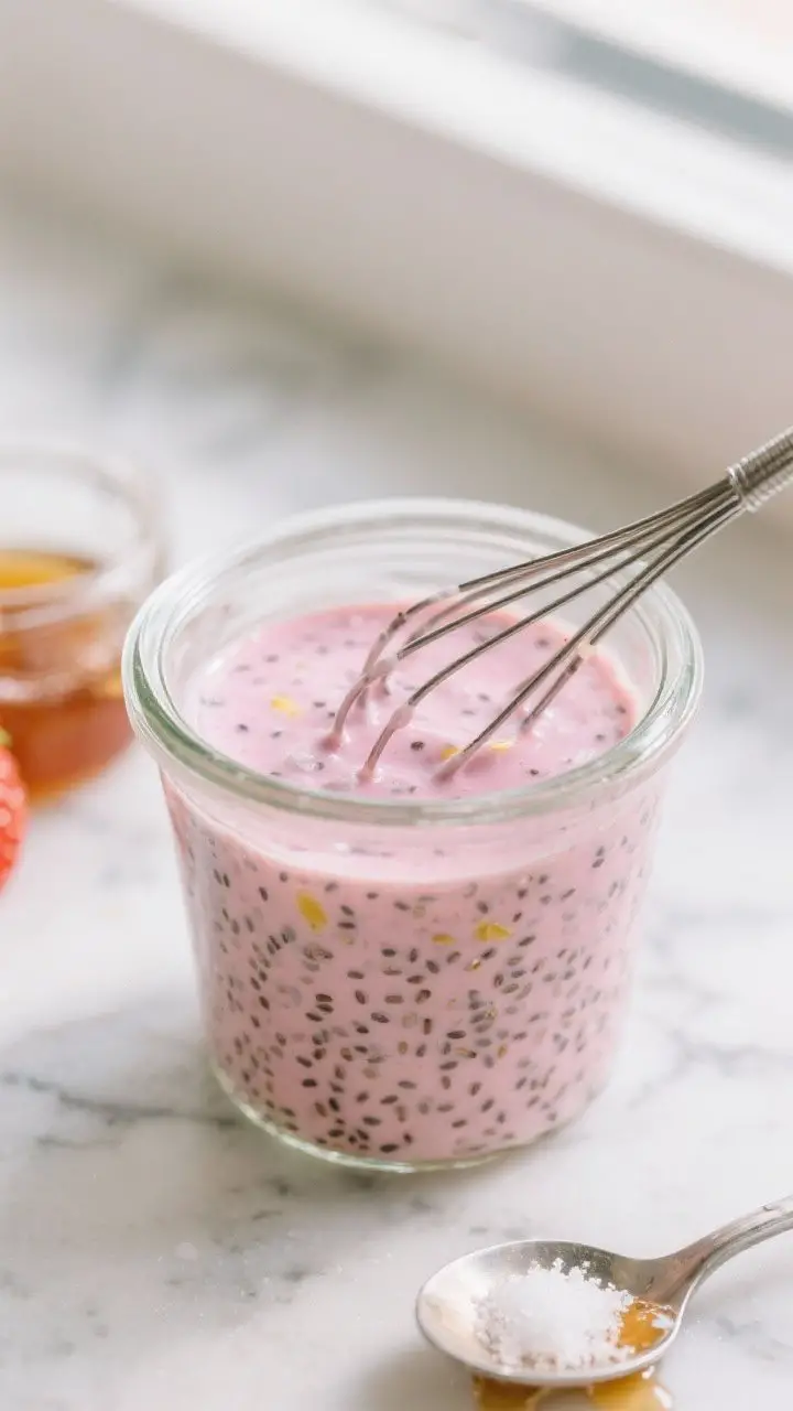 Close-up detail: A jar of creamy vegan strawberry chia pudding mid-set after the second whisk, showi