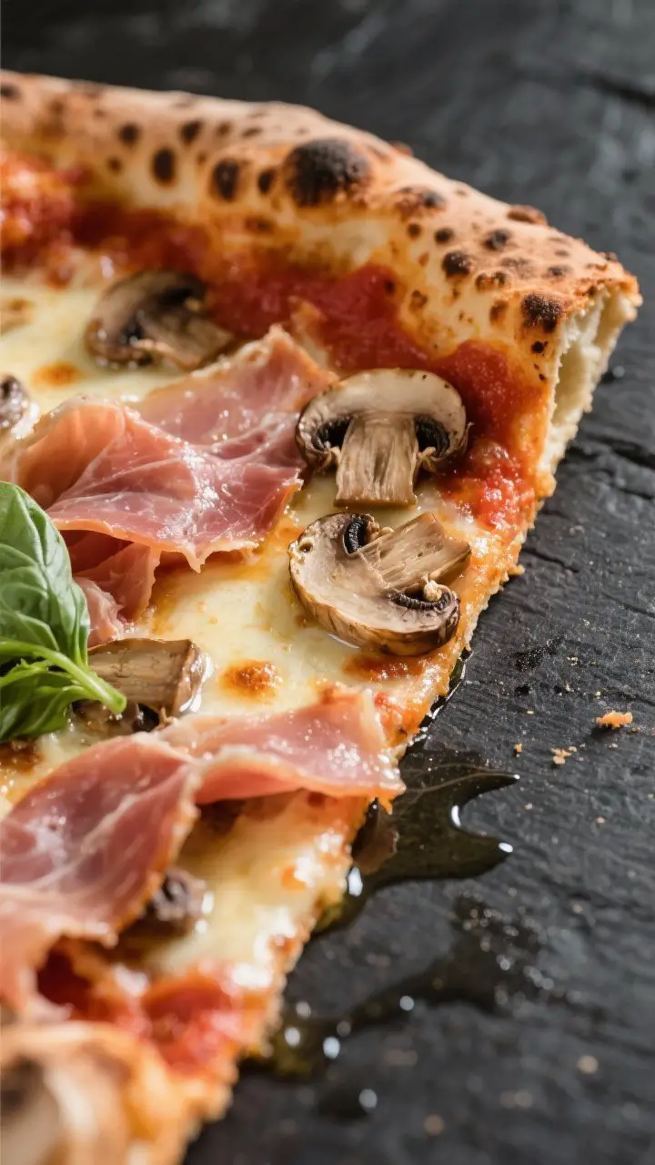Close-up detail: A just-baked Neapolitan pizza slice with ham and mushrooms, showing a tender, leopa