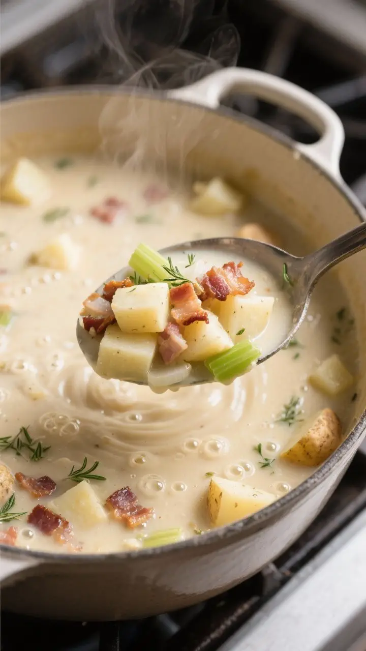 Close-up detail: A ladle lifting creamy bacon and potato chowder from a Dutch oven mid-simmer, showi