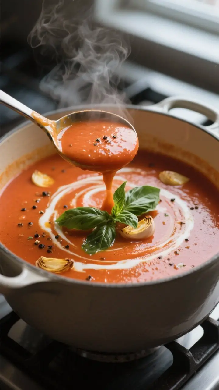 Close-up detail: A ladle lifting silky tomato basil soup from a Dutch oven, showing the creamy, velv