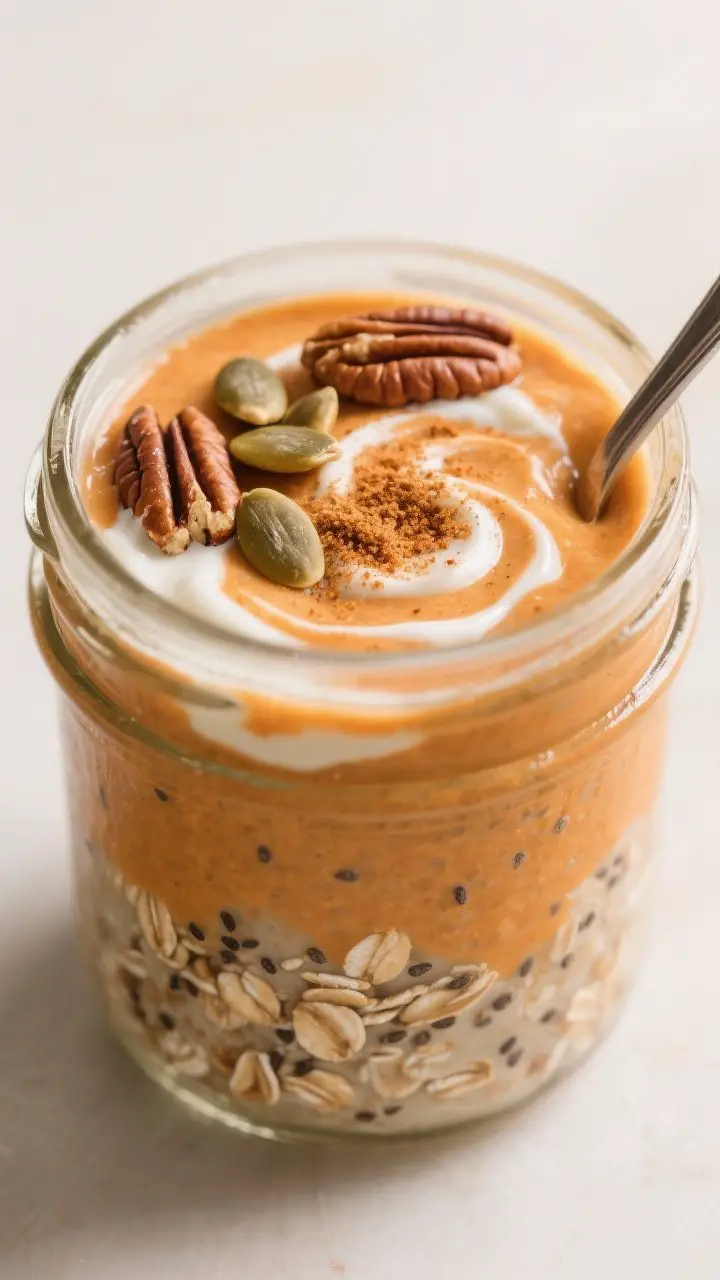Close-up detail: A mason jar of vegan pumpkin spice overnight oats just stirred after chilling, show