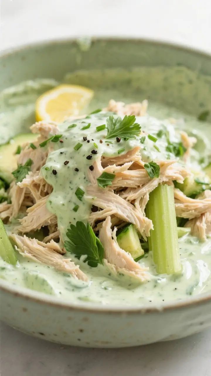 Close-up detail: A mound of juicy shredded rotisserie chicken being folded into glossy, pale-green G