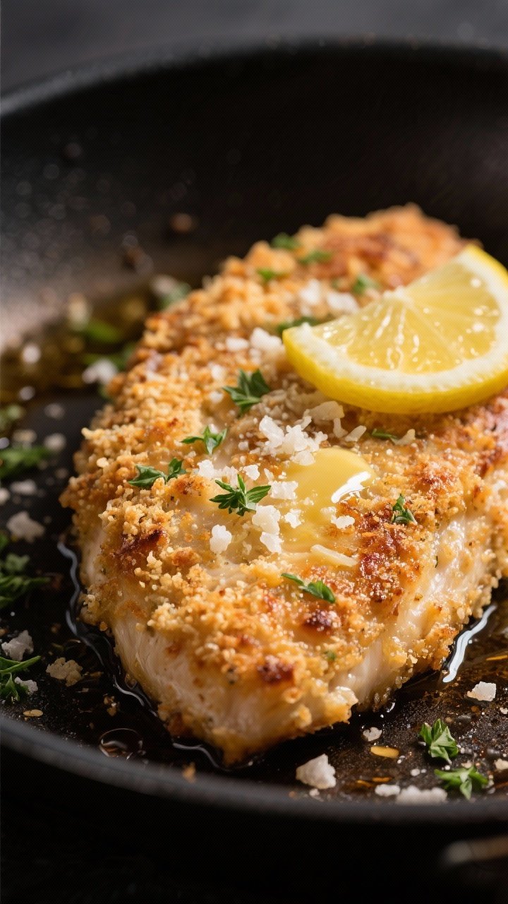 Close-up detail: A Parmesan-crusted chicken cutlet just out of the pan, deep golden and blistered wi