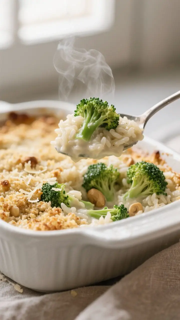 Close-up detail: A spoon scooping into the baked vegan creamy broccoli rice casserole, revealing glo