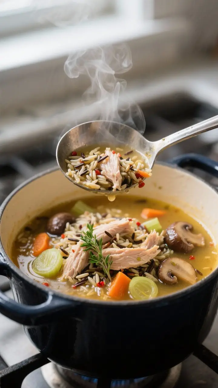 Close-up detail: A steaming ladle lifting cooked turkey and wild rice winter soup from a Dutch oven,