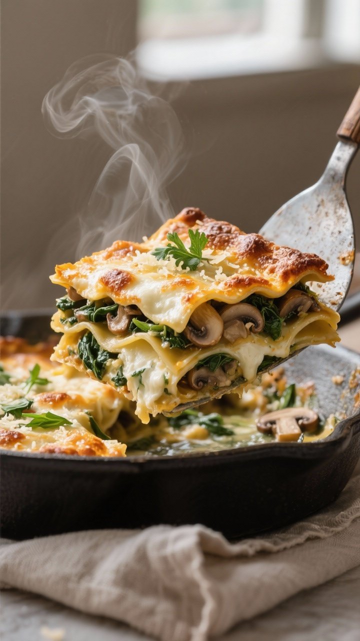 Close-up detail: A steaming slice of baked spinach mushroom lasagna just lifted from the pan, showin