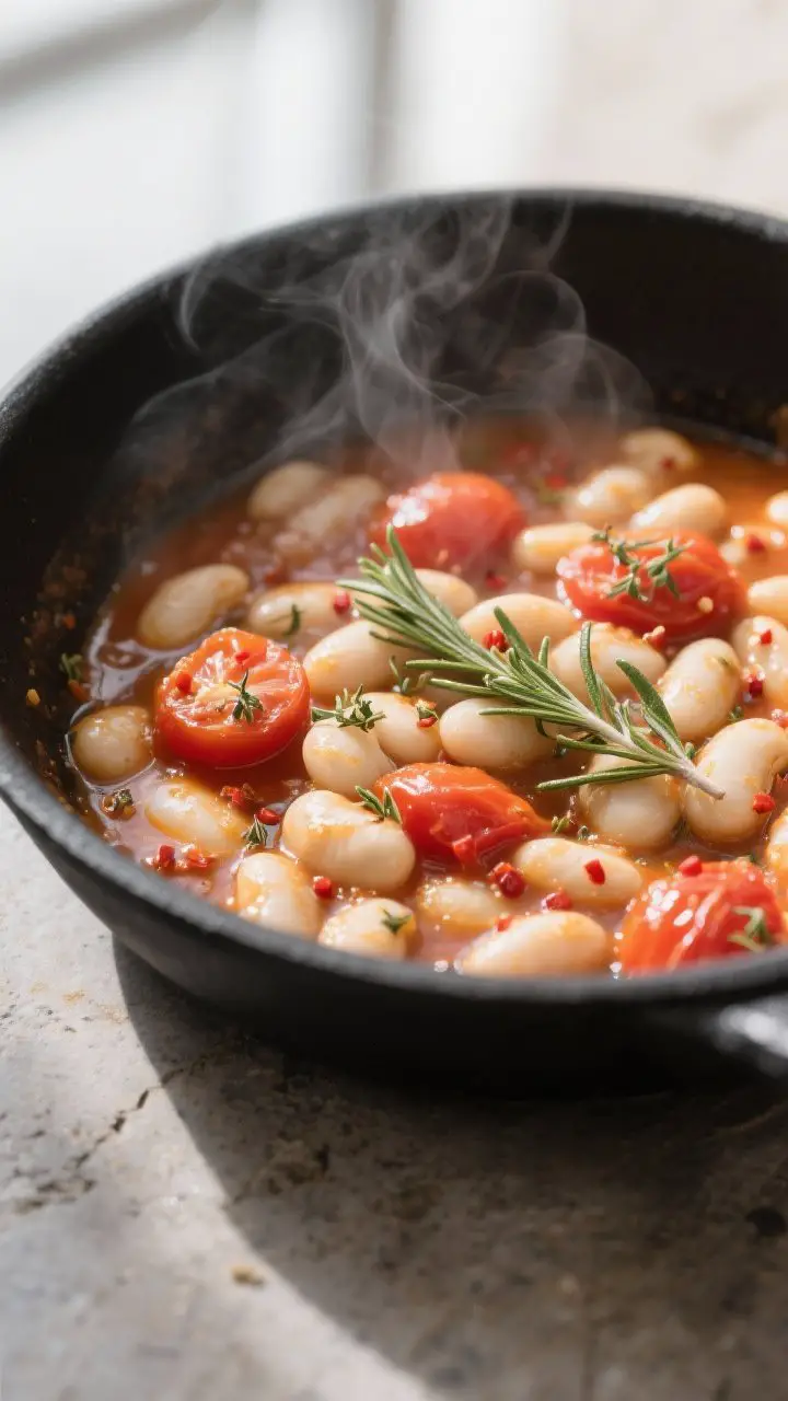 Close-up detail: A steamy skillet of vegan Tuscan white beans mid-simmer, showing plump cannellini b