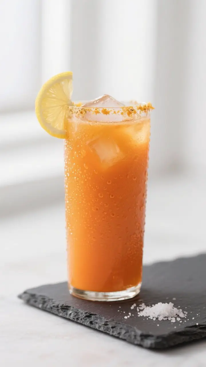 Close-up detail: A tall, dewy glass of freshly strained carrot orange juice with a silky, velvety te