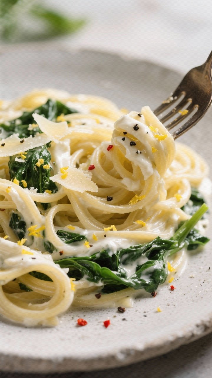 Close-up detail: A tangle of glossy linguine coated in silky lemon-ricotta sauce, tiny flecks of lem