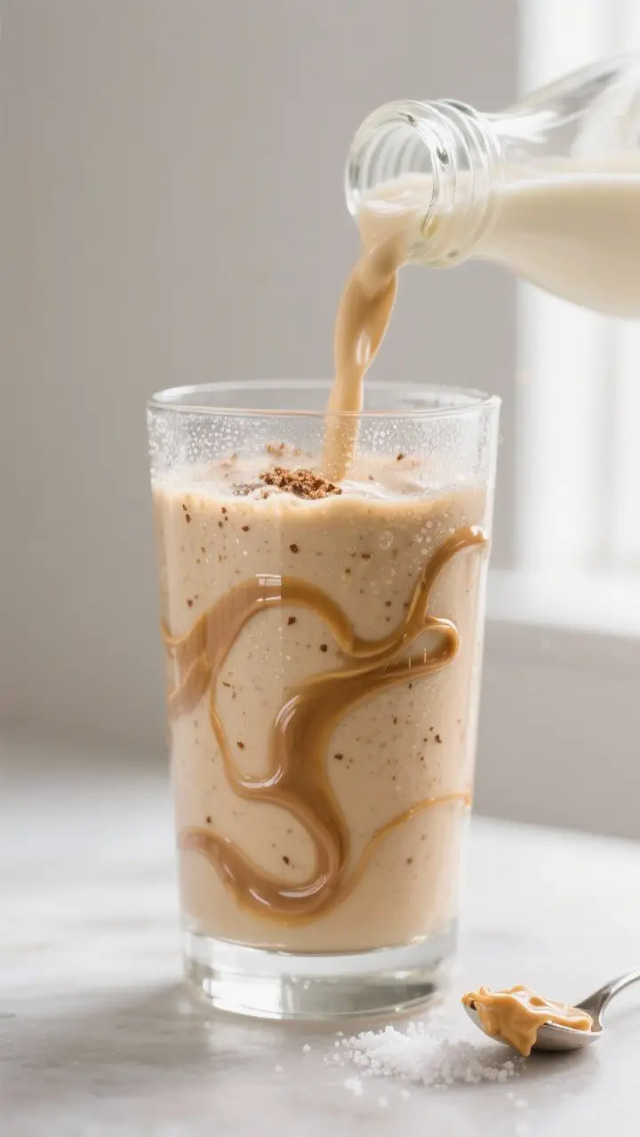 Close-up detail: A thick, creamy banana peanut butter yogurt smoothie mid-pour flowing into a chille
