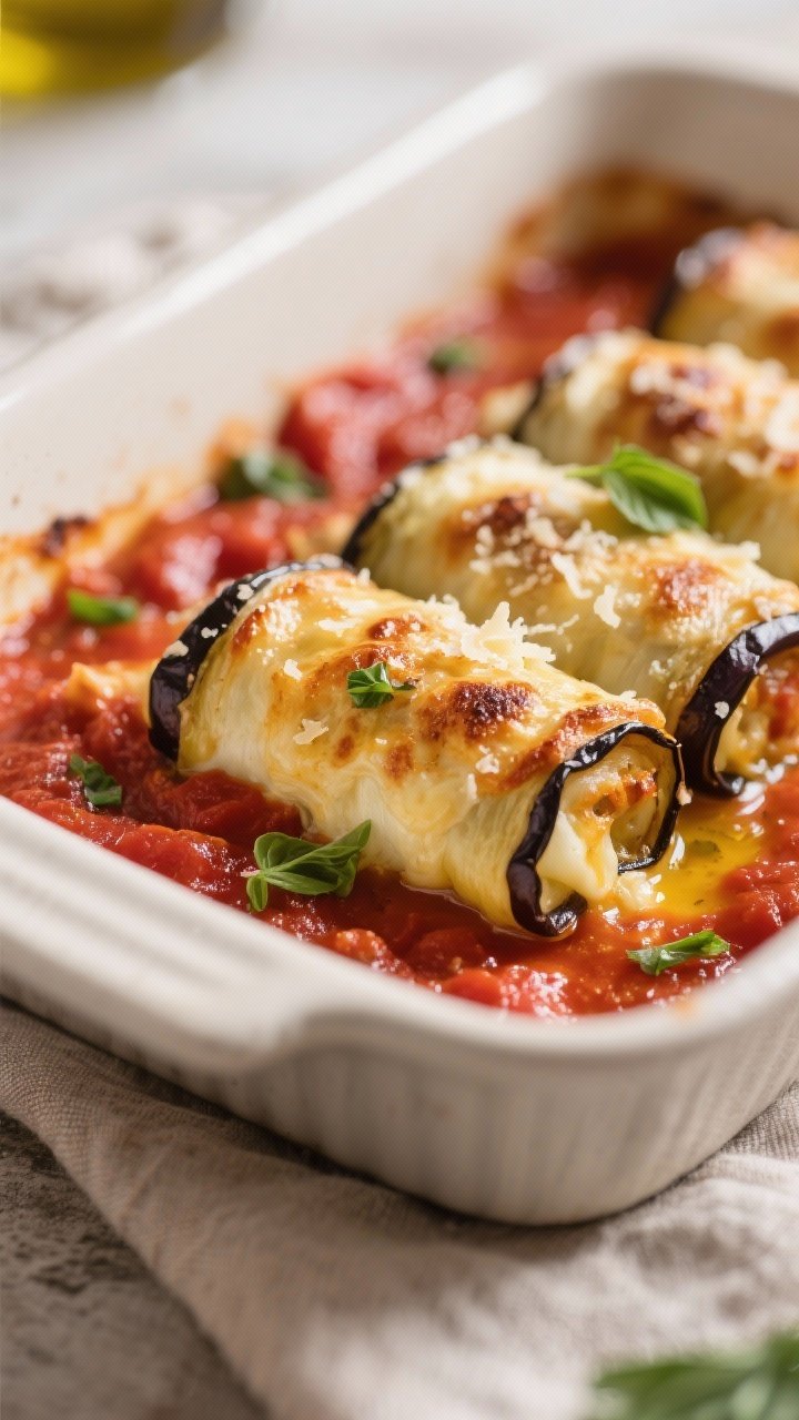 Close-up detail: A tight macro shot of freshly baked eggplant involtini just out of the oven, edges 